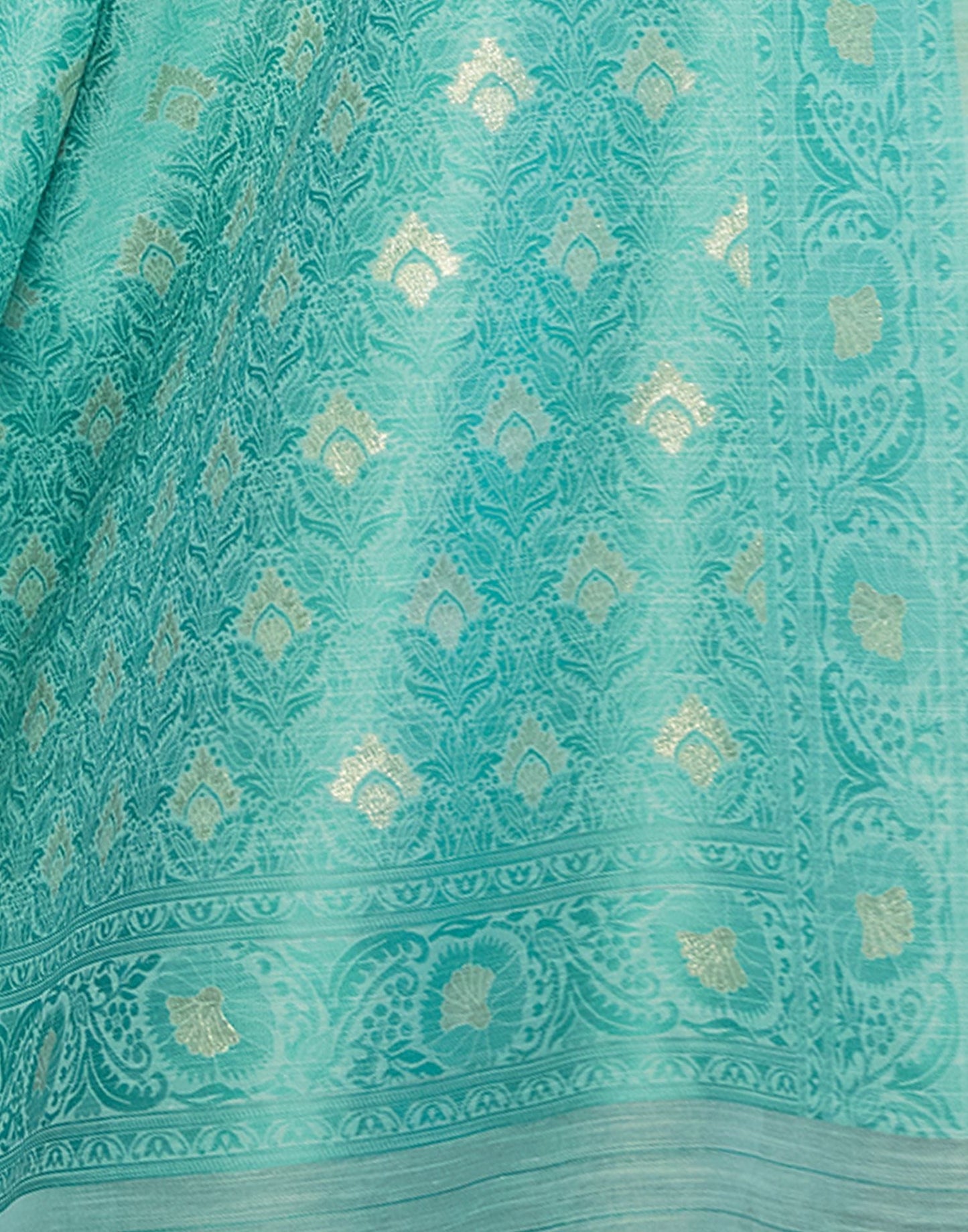 Turquoise Jacquard Linen Saree