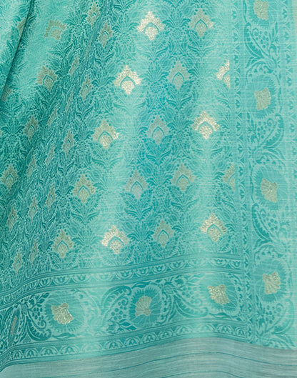 Turquoise Jacquard Linen Saree
