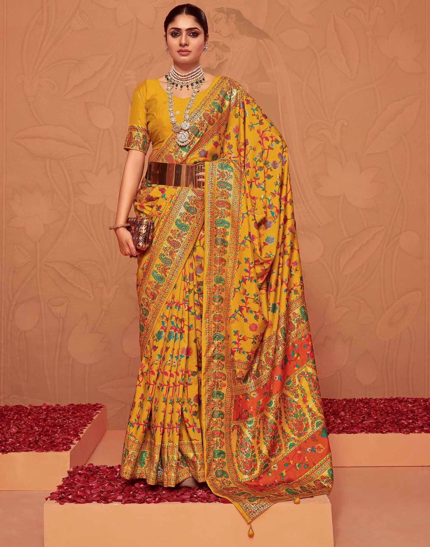 Turmeric Yellow Printed Silk Saree