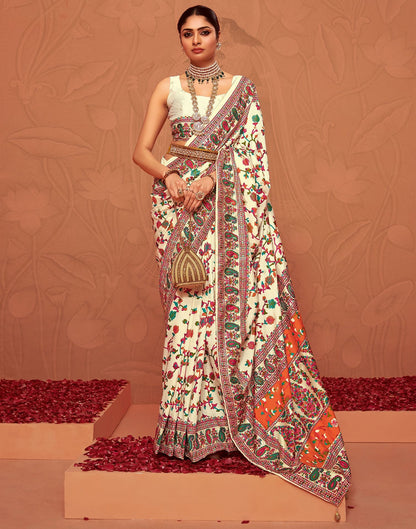 Cream & Multicoloured Printed Silk Saree