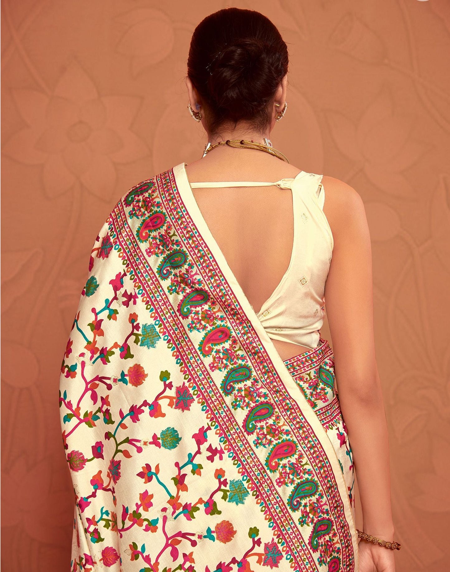 Cream & Multicoloured Printed Silk Saree