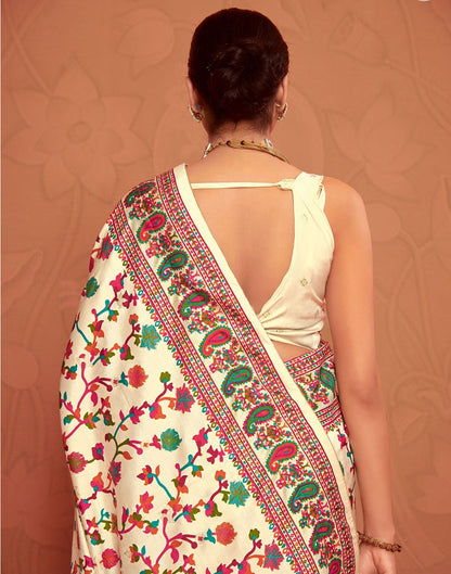 Cream & Multicoloured Printed Silk Saree