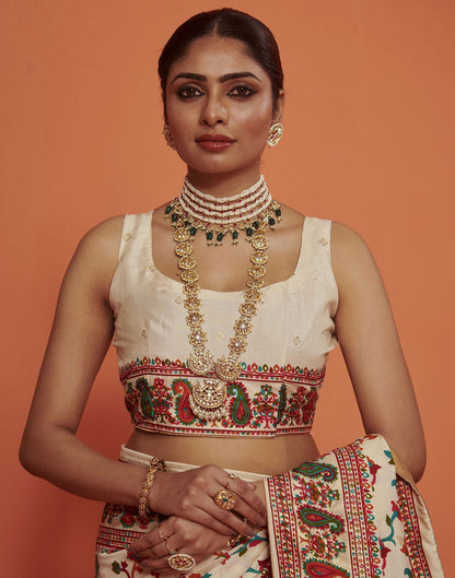 Cream & Multicoloured Printed Silk Saree