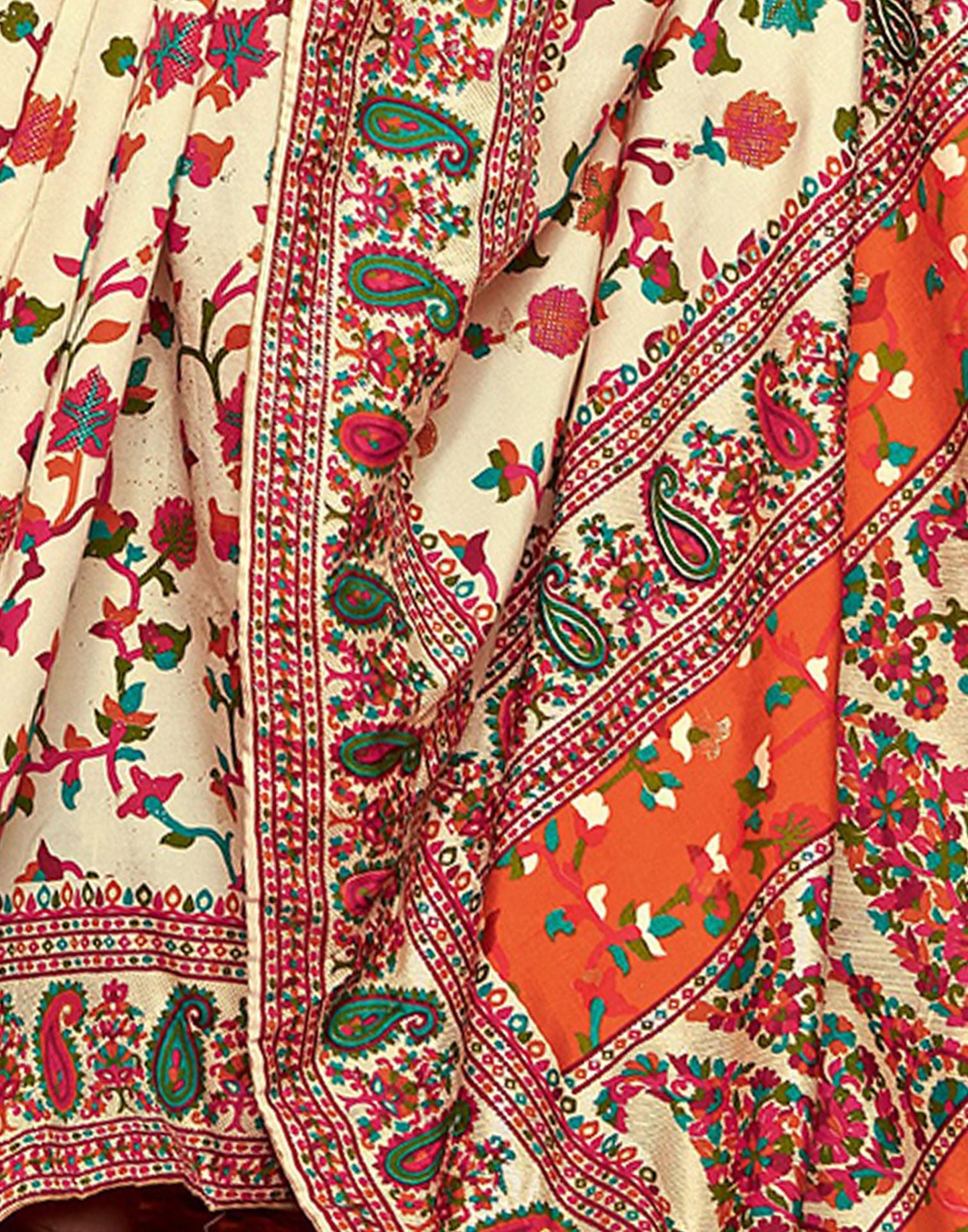 Cream & Multicoloured Printed Silk Saree