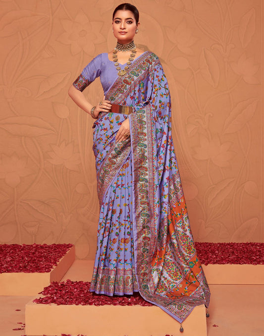 Lavender & Multicoloured  Printed Silk Saree
