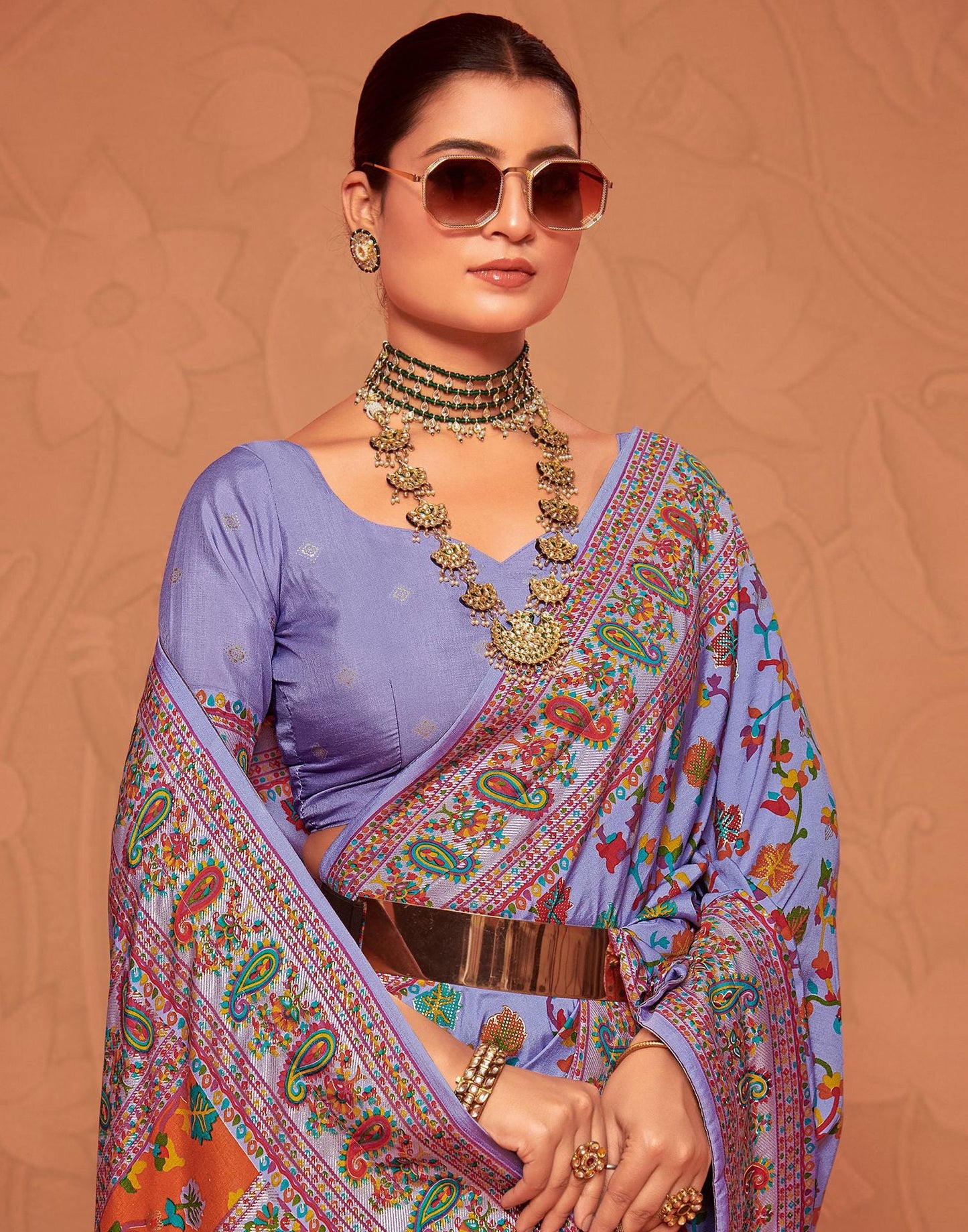 Lavender & Multicoloured  Printed Silk Saree
