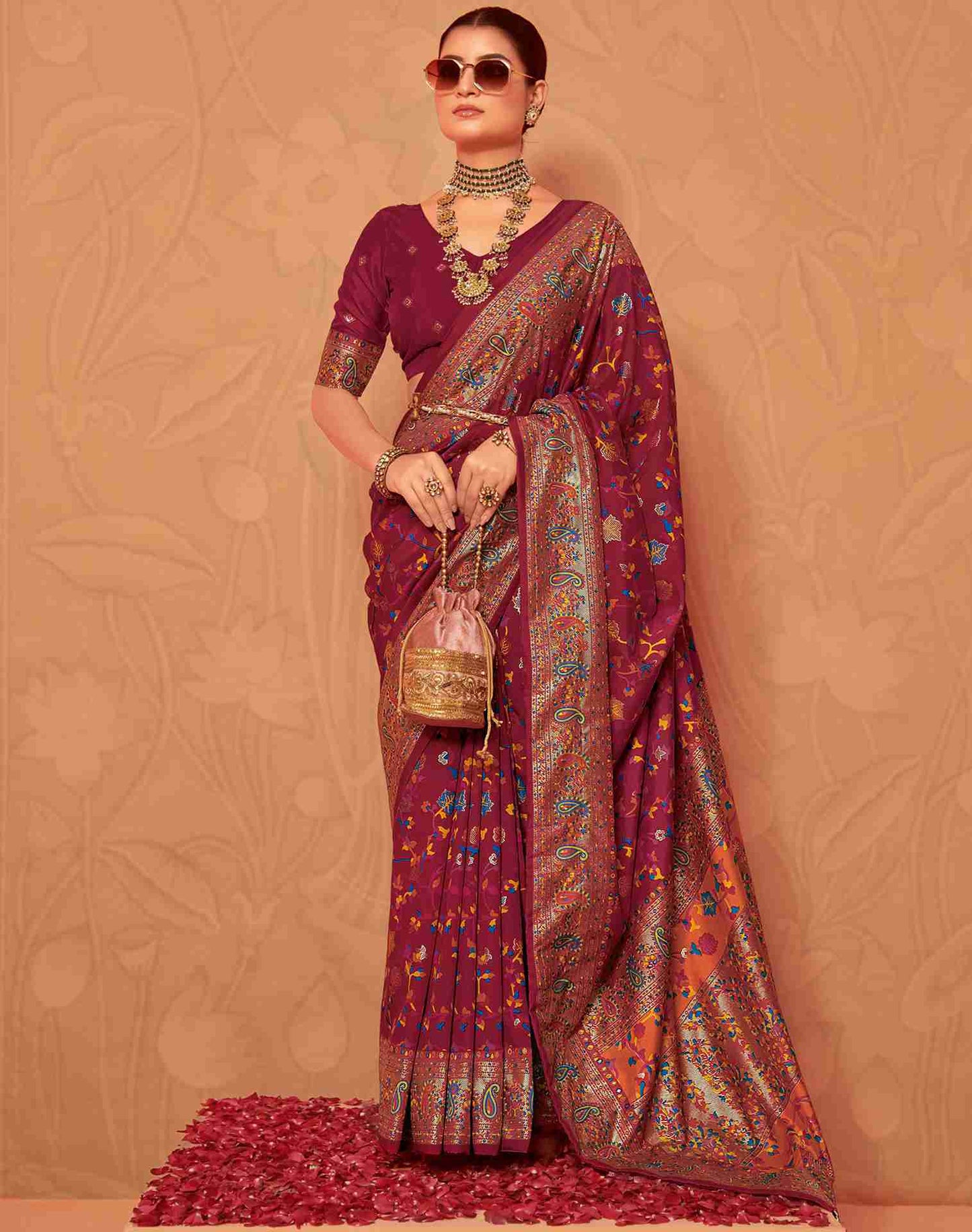 Maroon Printed Silk Saree