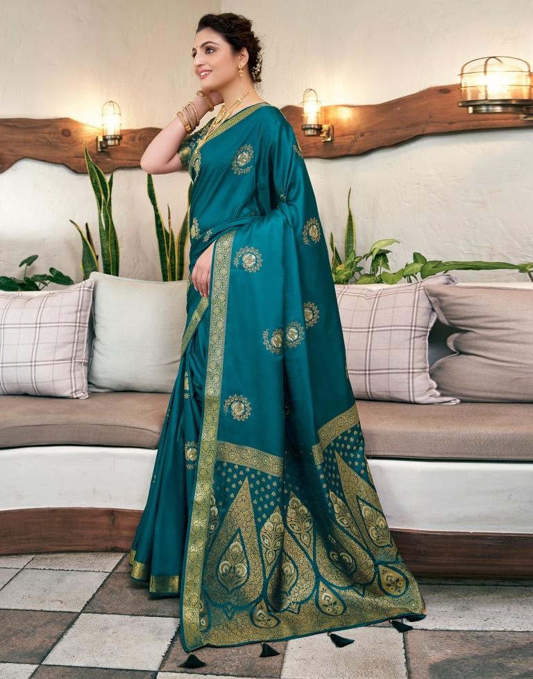 Rama Green (Teal) Silk Woven Saree