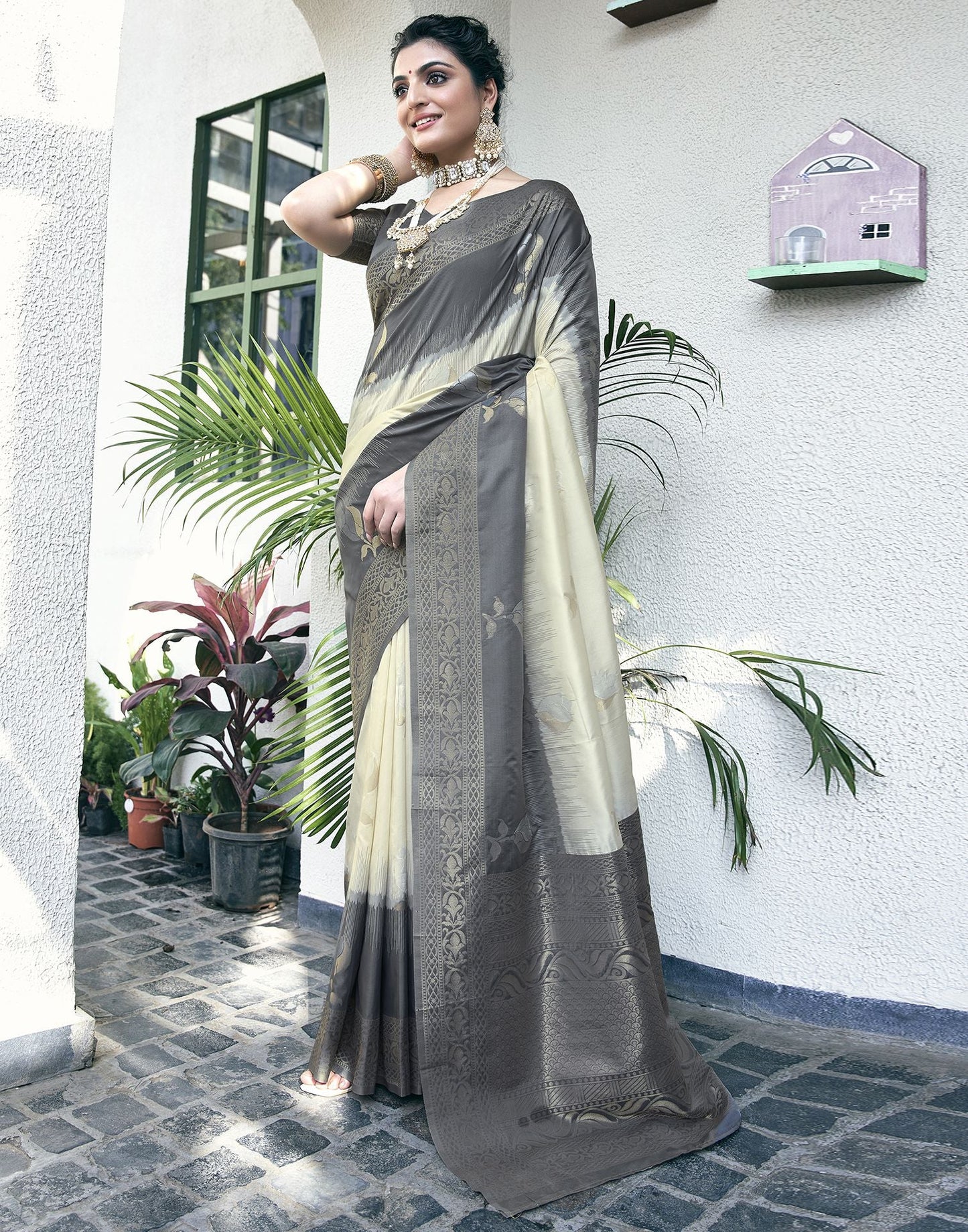 Beige & Grey Jacquard Silk Saree