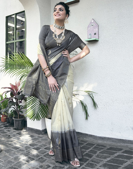 Beige & Grey Jacquard Silk Saree