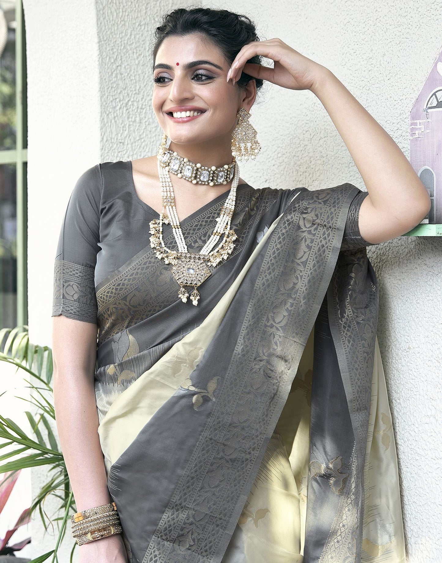 Beige & Grey Jacquard Silk Saree