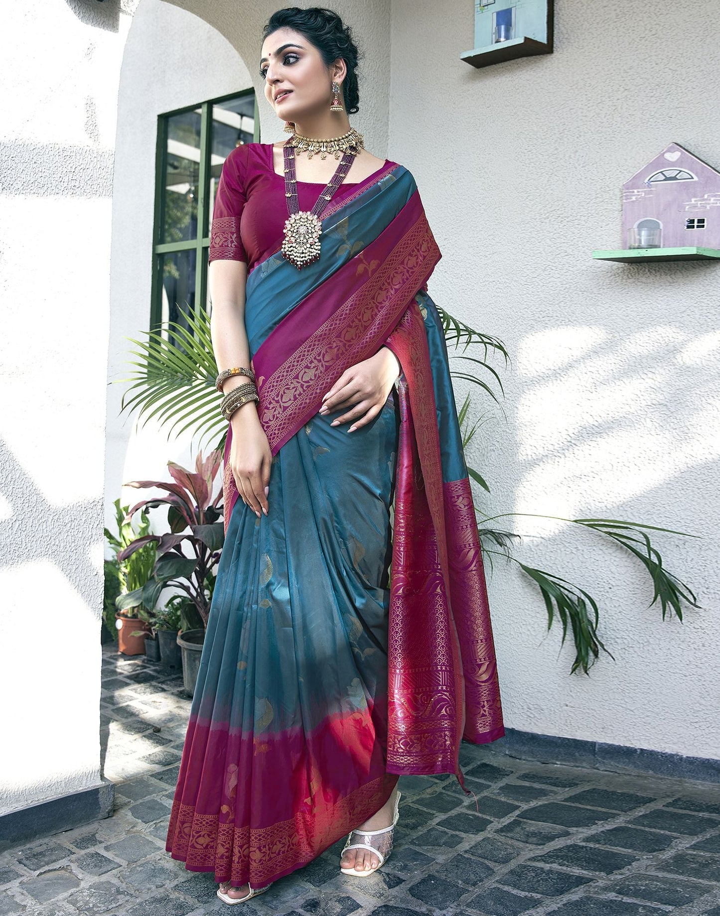 Rama Blue Jacquard Silk Saree