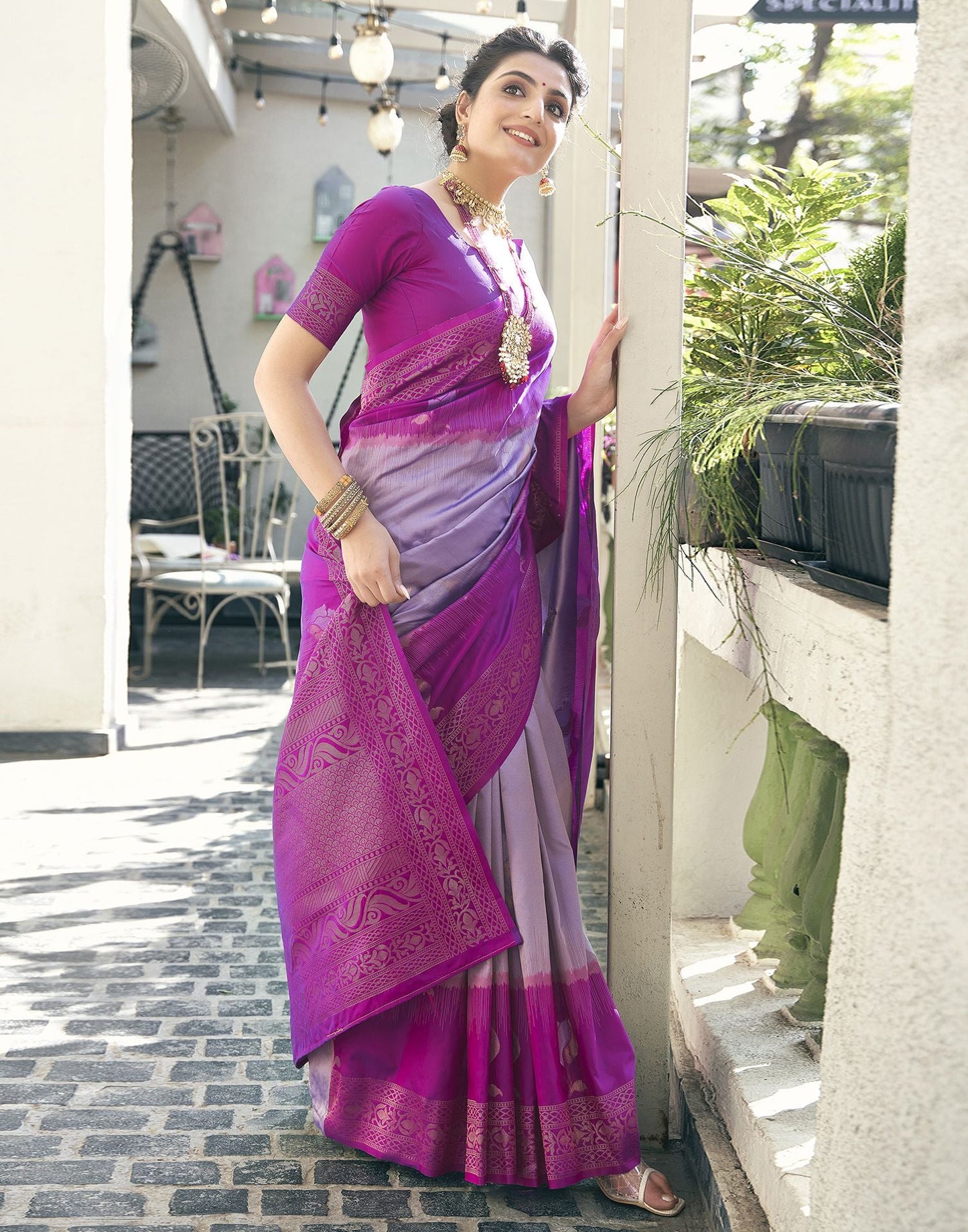 Lavender & Dark Pink Jacquard Silk Saree