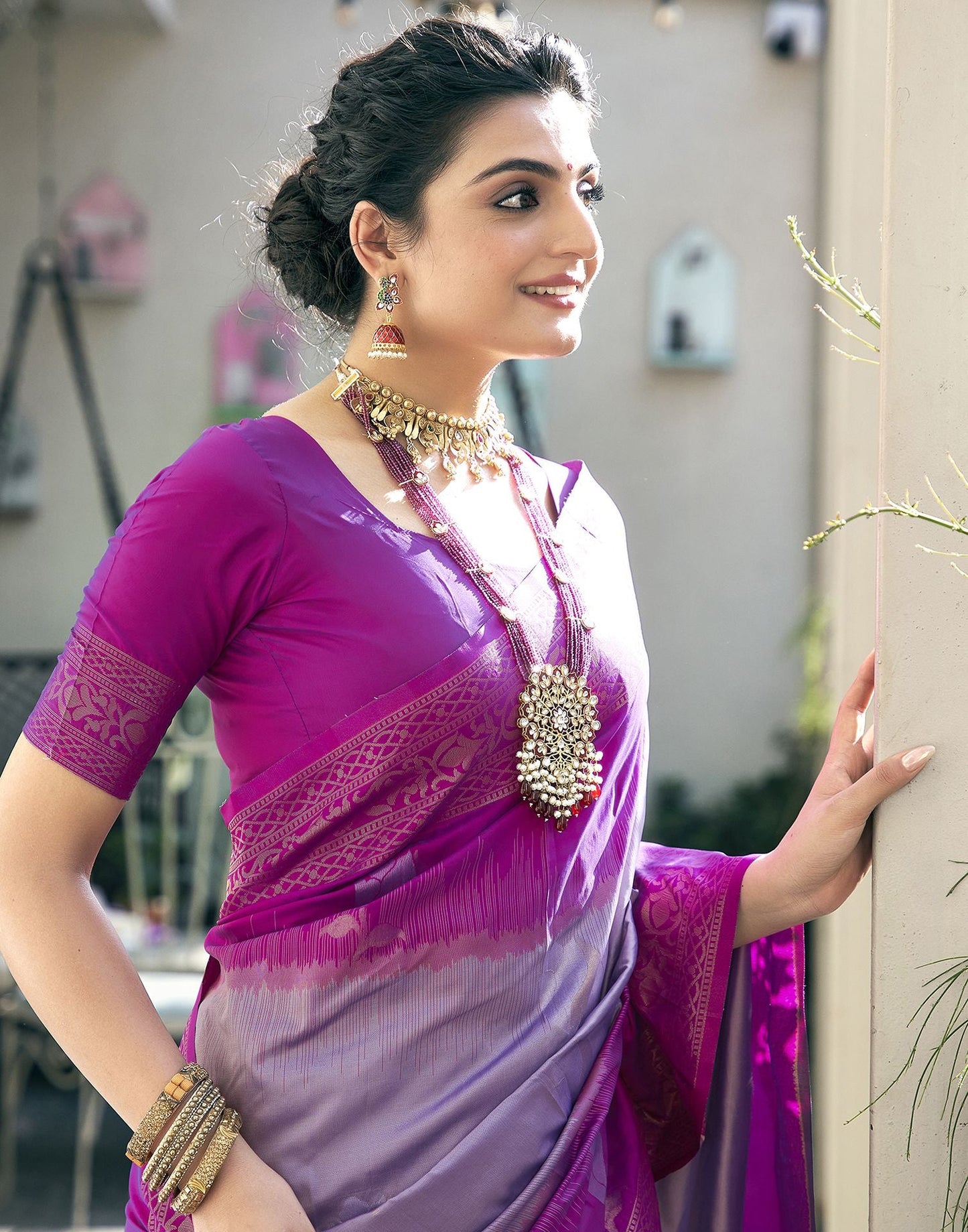 Lavender & Dark Pink Jacquard Silk Saree