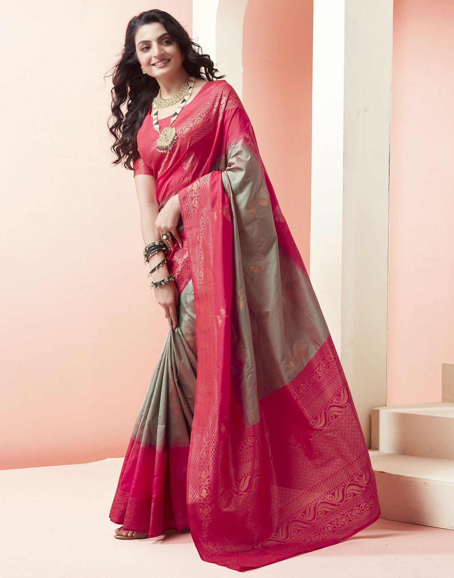 Dusty Green Jacquard Silk Saree