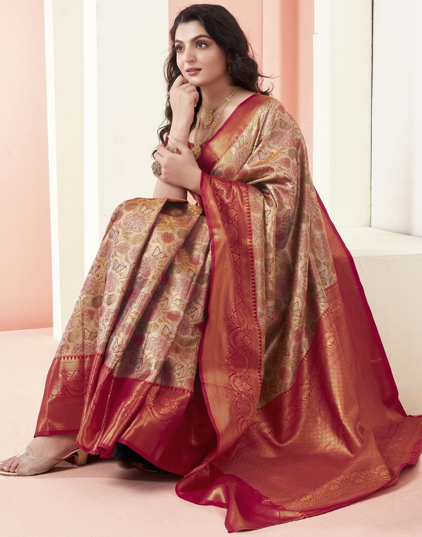 Golden Jacquard Silk Saree