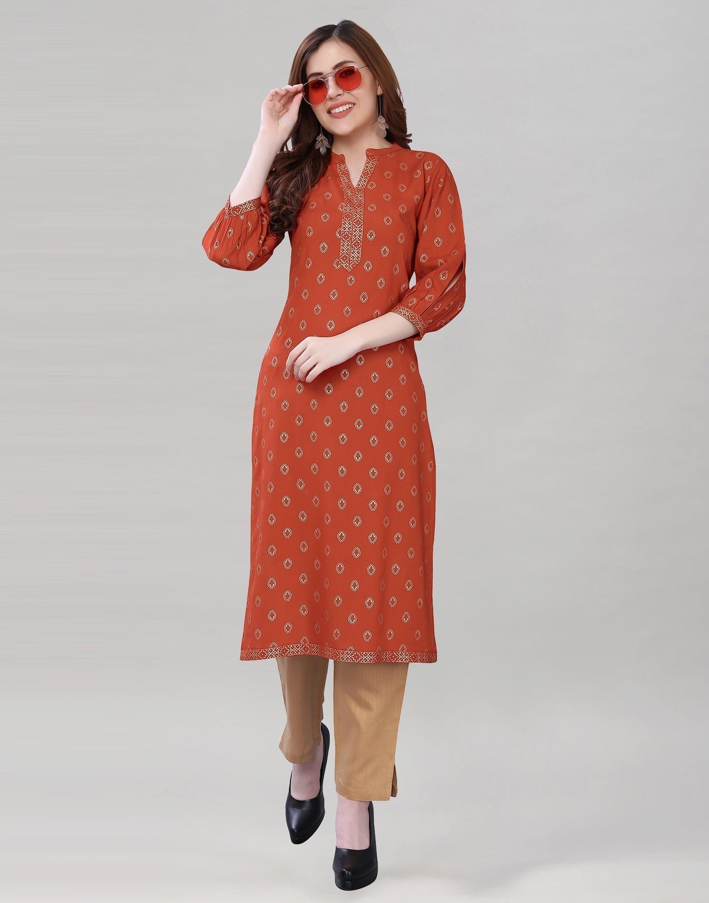 Burnt Orange Printed Kurti | Leemboodi