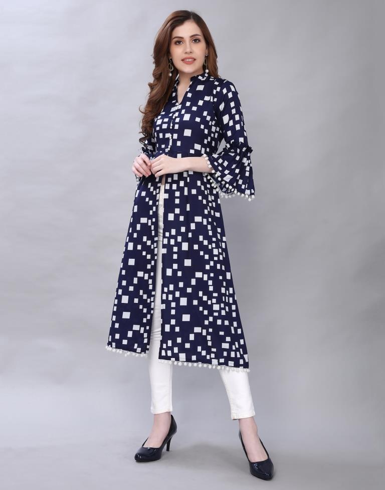 Distinctive Navy Blue Coloured Digital Printed Crepe Kurti | Leemboodi