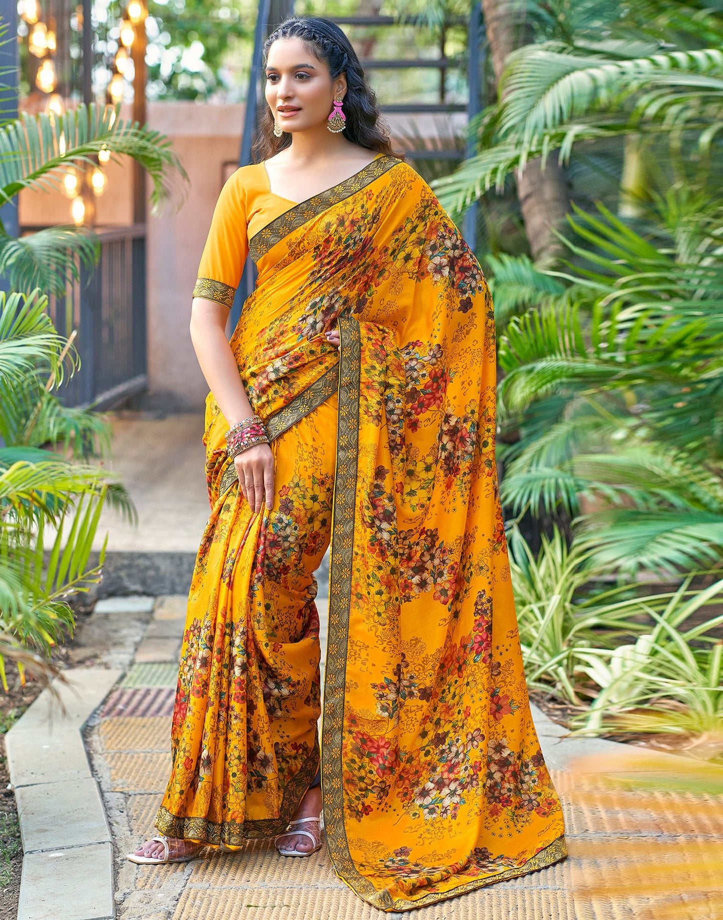 Turmeric Yellow & Multicoloured Printed Silk Saree