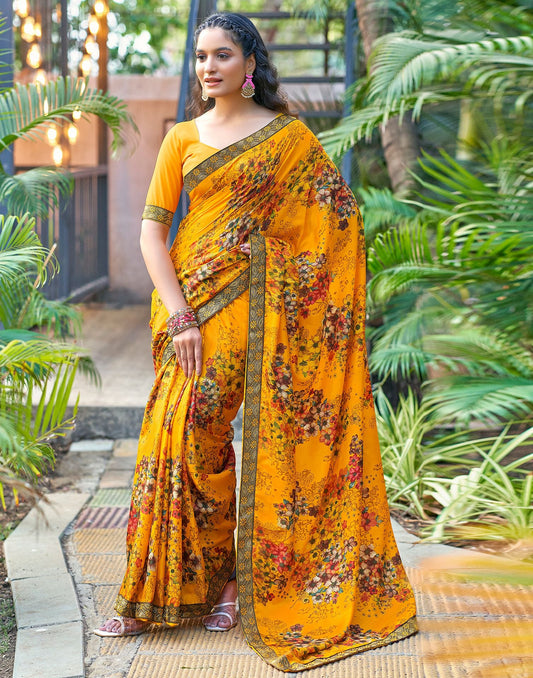 Turmeric Yellow & Multicoloured Printed Silk Saree