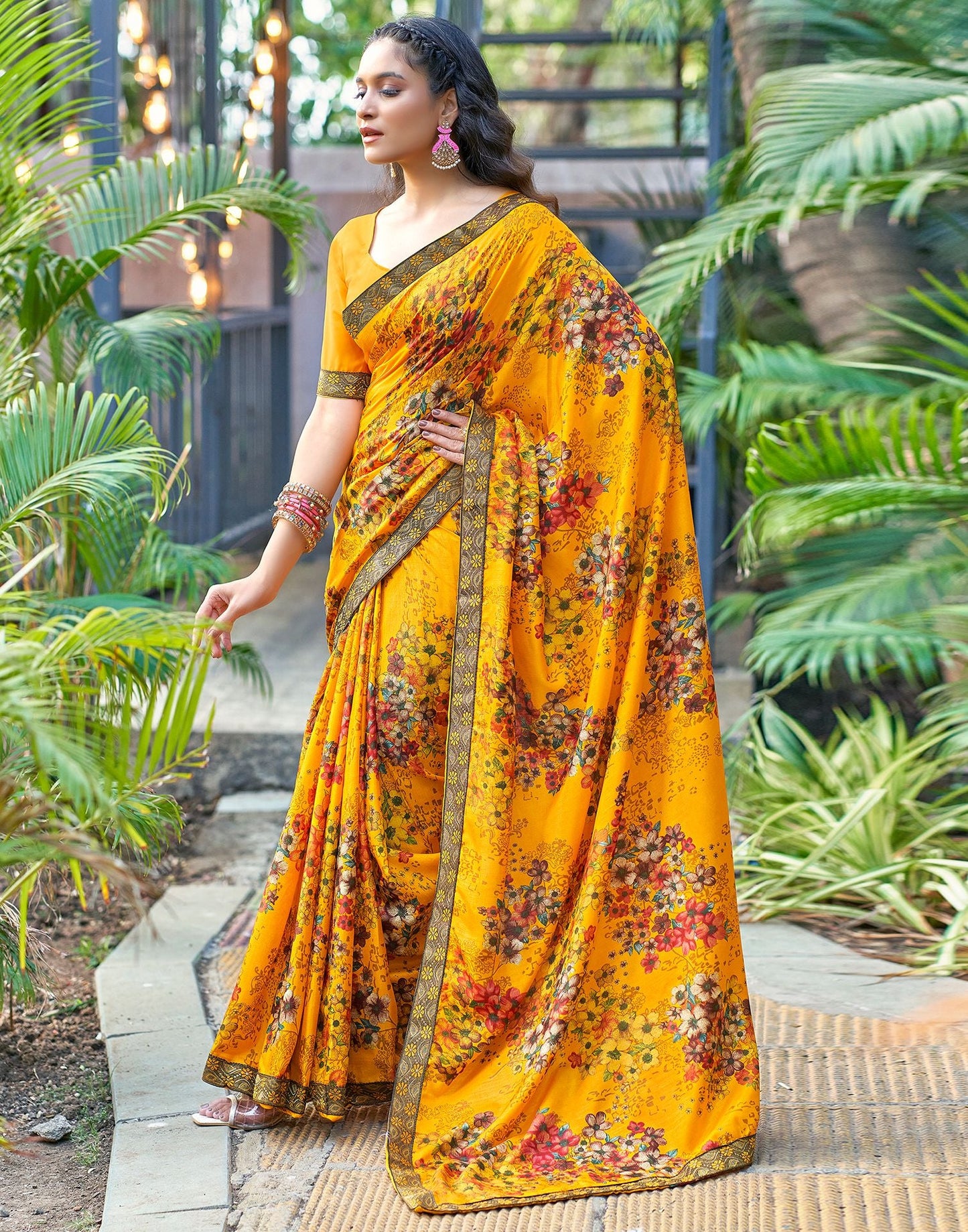 Turmeric Yellow & Multicoloured Printed Silk Saree