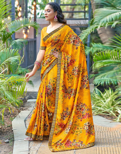 Turmeric Yellow & Multicoloured Printed Silk Saree