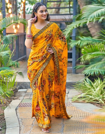 Turmeric Yellow & Multicoloured Printed Silk Saree