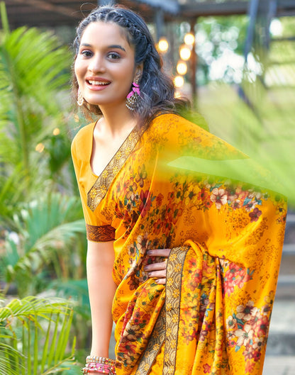 Turmeric Yellow & Multicoloured Printed Silk Saree