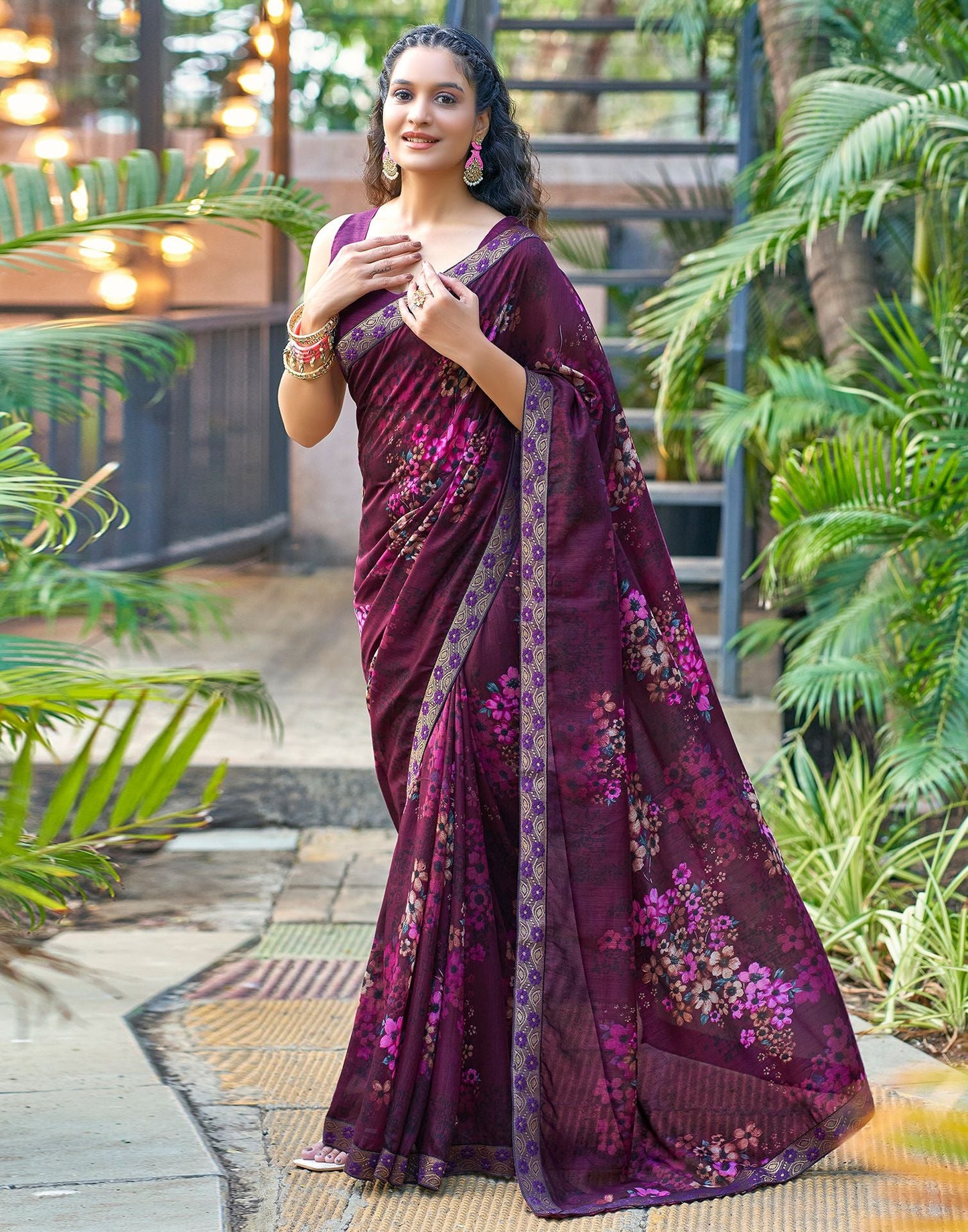 Wine Printed Silk Saree