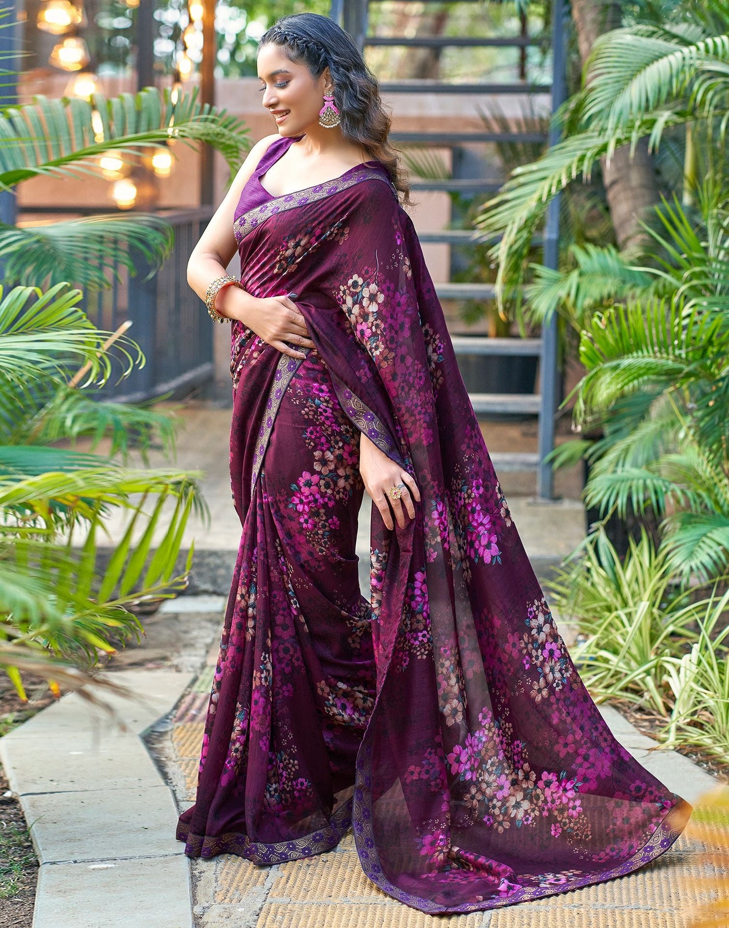 Wine Printed Silk Saree