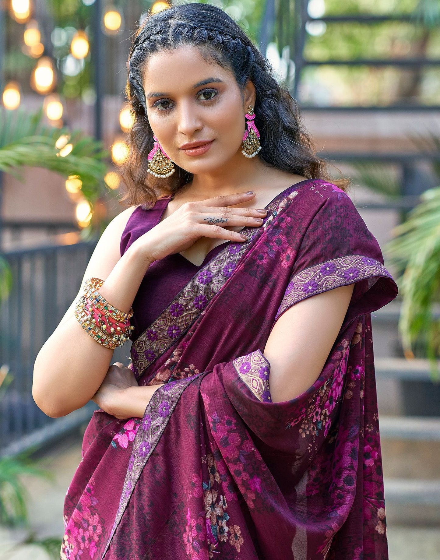 Wine Printed Silk Saree