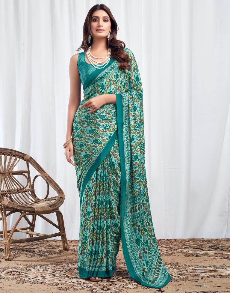 Teal Turquoise  Silk Printed Saree