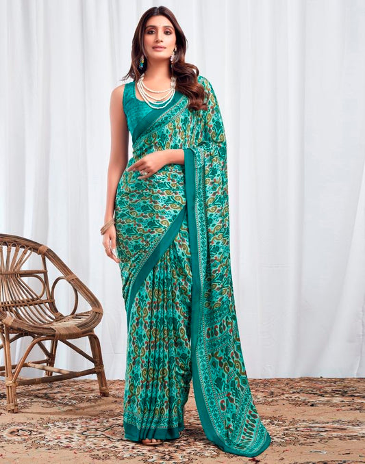 Teal Turquoise  Silk Printed Saree