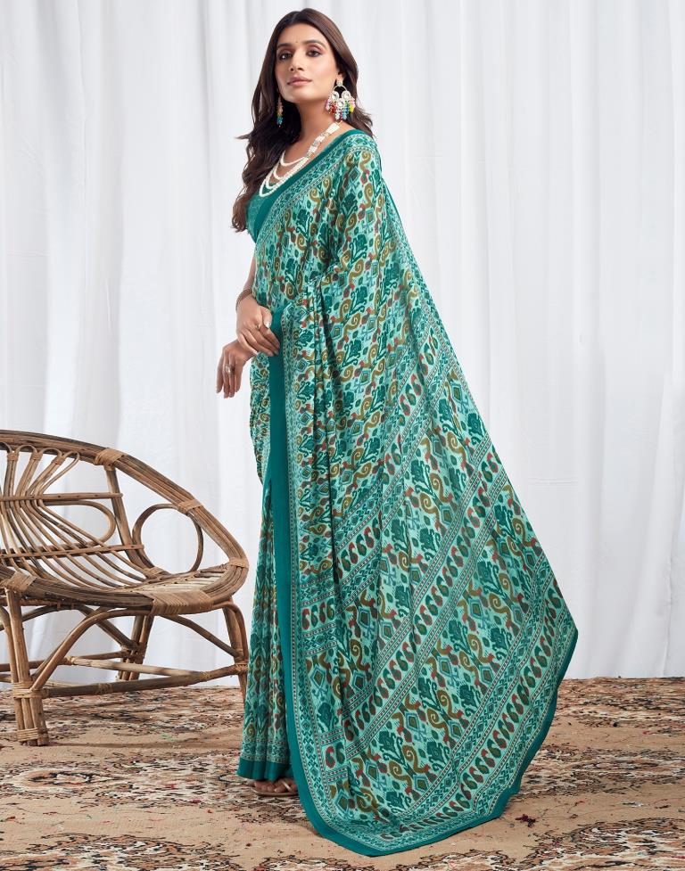 Teal Turquoise  Silk Printed Saree