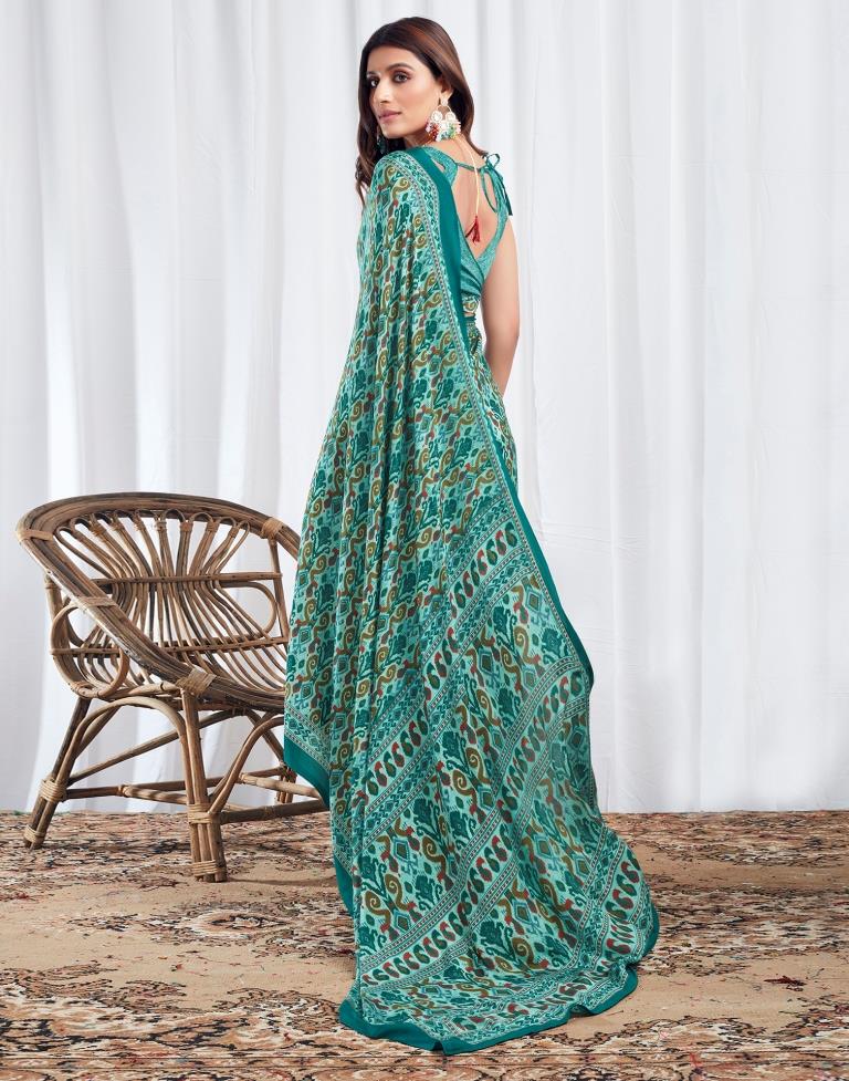 Teal Turquoise  Silk Printed Saree