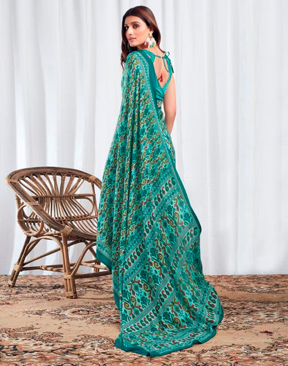 Teal Turquoise  Silk Printed Saree