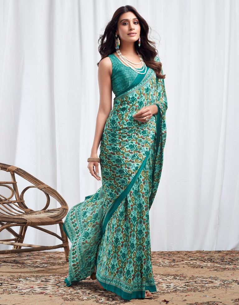 Teal Turquoise  Silk Printed Saree