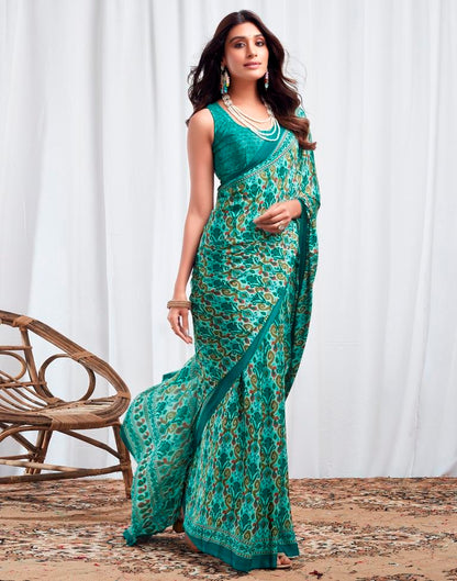 Teal Turquoise  Silk Printed Saree