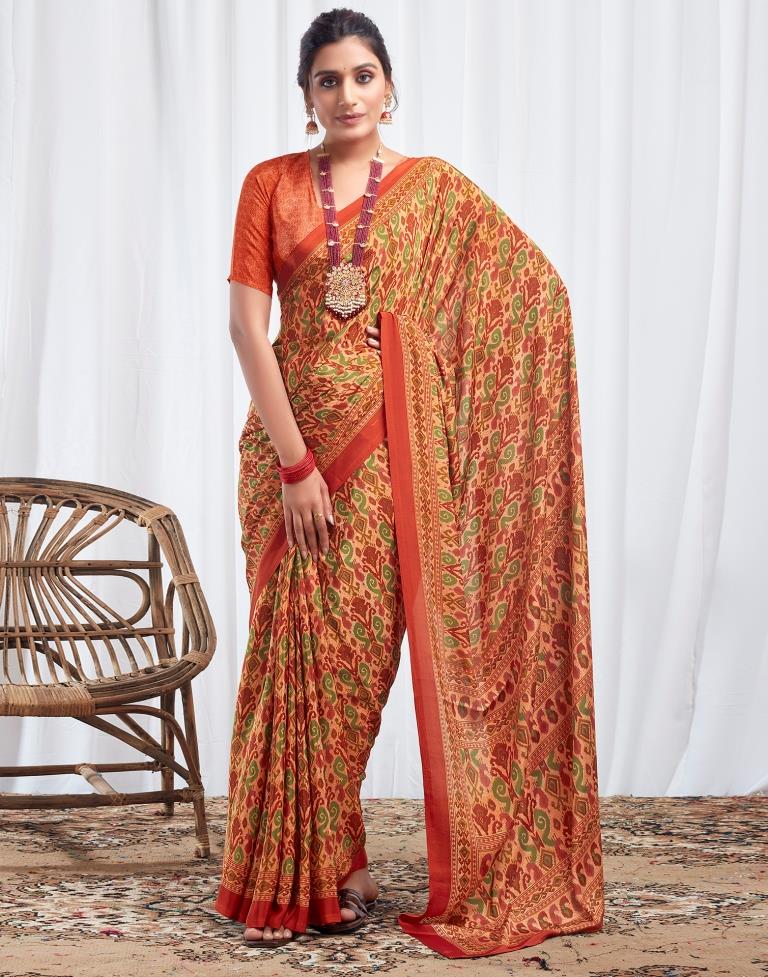 Rust Silk Printed Saree