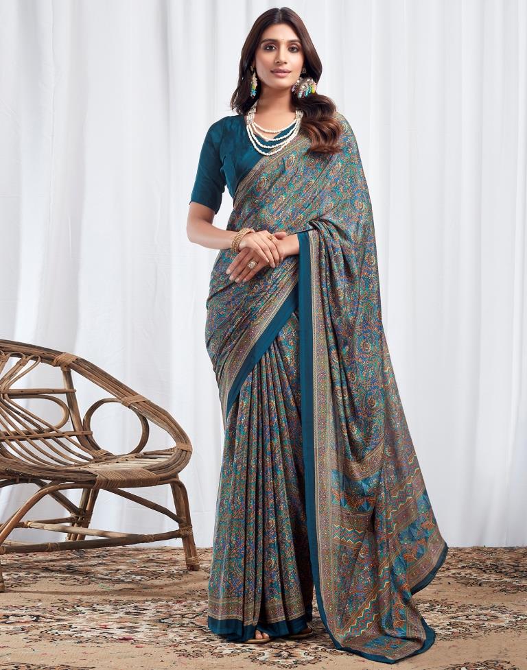 Rama Blue Silk Printed Saree