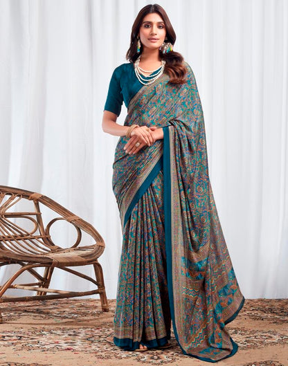 Rama Blue Silk Printed Saree