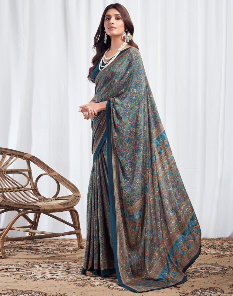 Rama Blue Silk Printed Saree