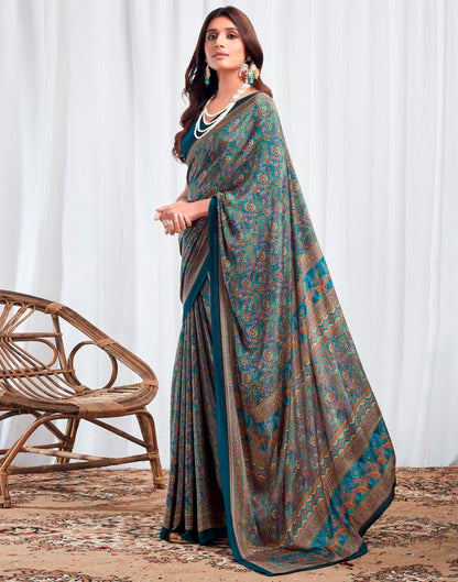 Rama Blue Silk Printed Saree