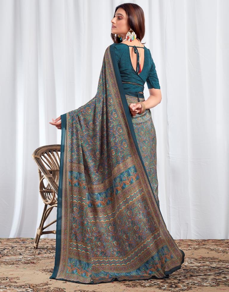 Rama Blue Silk Printed Saree