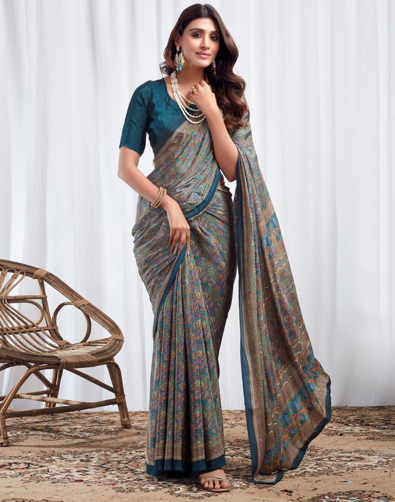 Rama Blue Silk Printed Saree