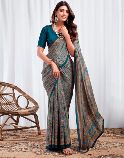 Rama Blue Silk Printed Saree
