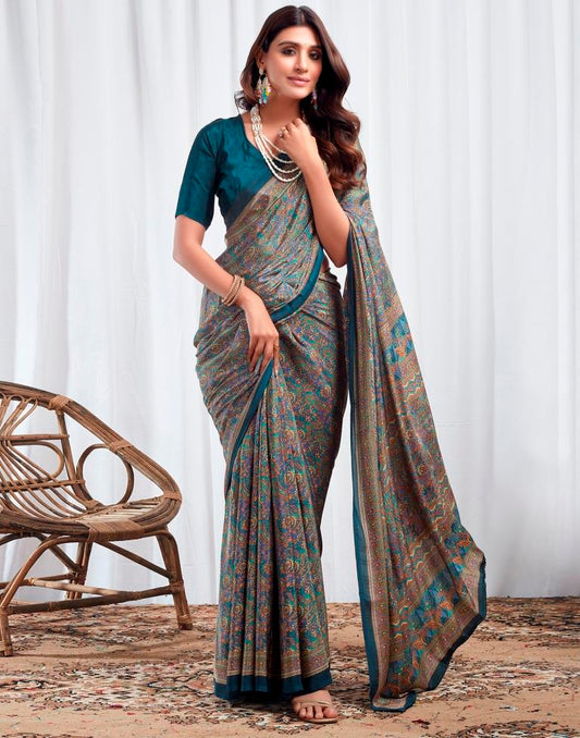 Rama Blue Silk Printed Saree