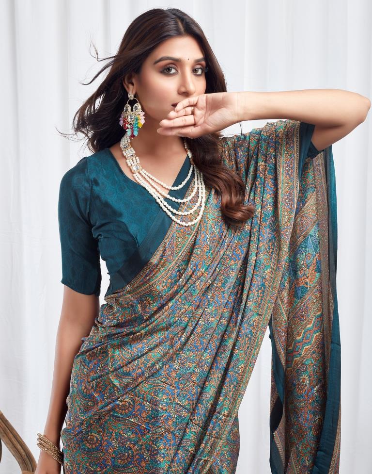 Rama Blue Silk Printed Saree