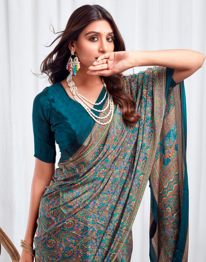 Rama Blue Silk Printed Saree