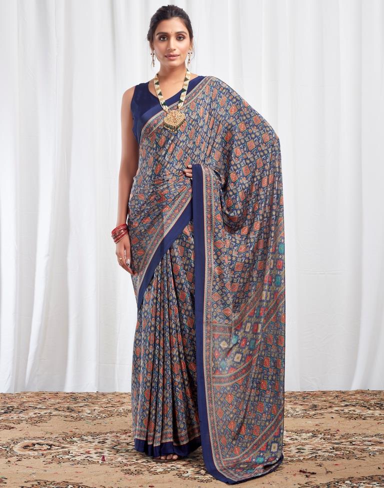 Navy Blue Silk Printed Saree